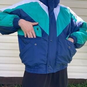 SKI SNOW Vtg 80s Puffer JACKET Insulated Ski Hood Teal Blue COAT unisex  Medium*